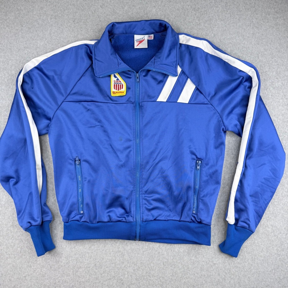 Vintage Speedo USA Swimming Track Jacket Blue White Stripe Fuji Film Medium USA
